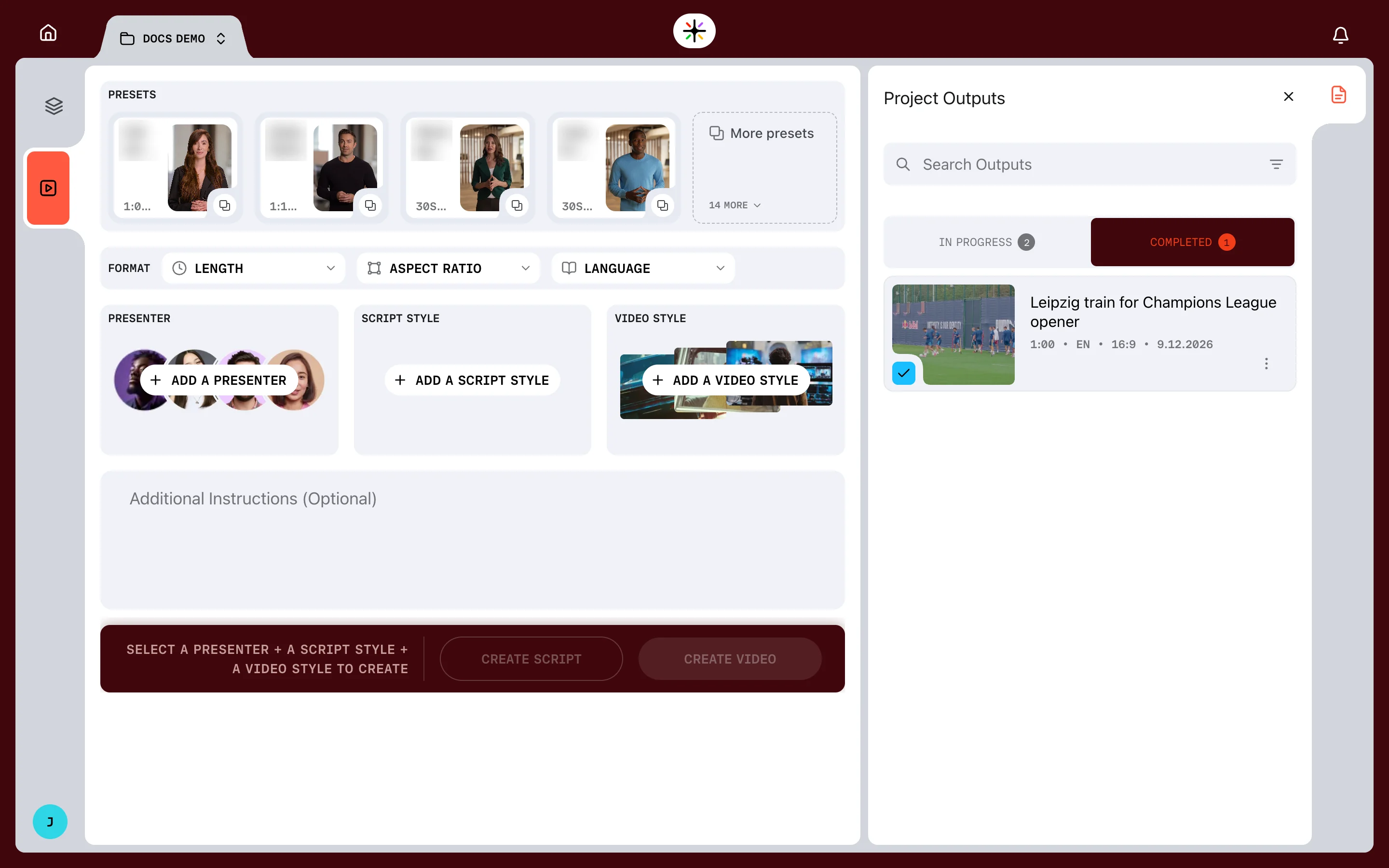 The Assignment Desk: saved presets across the top, then the format row, the presenter, script style and video style slots, additional instructions and the create bar, with the project's outputs listed on the right.