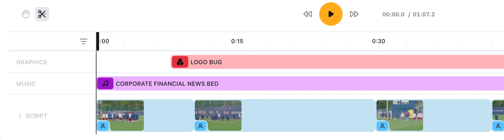 The Editing Suite with the blade tool switched on: the scissors control in the bar is lit, and a cut line follows the pointer across the timeline.
