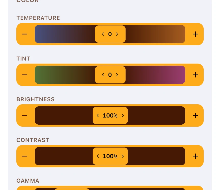 The colour controls on a selected footage clip: temperature, tint, brightness, contrast, gamma and saturation.