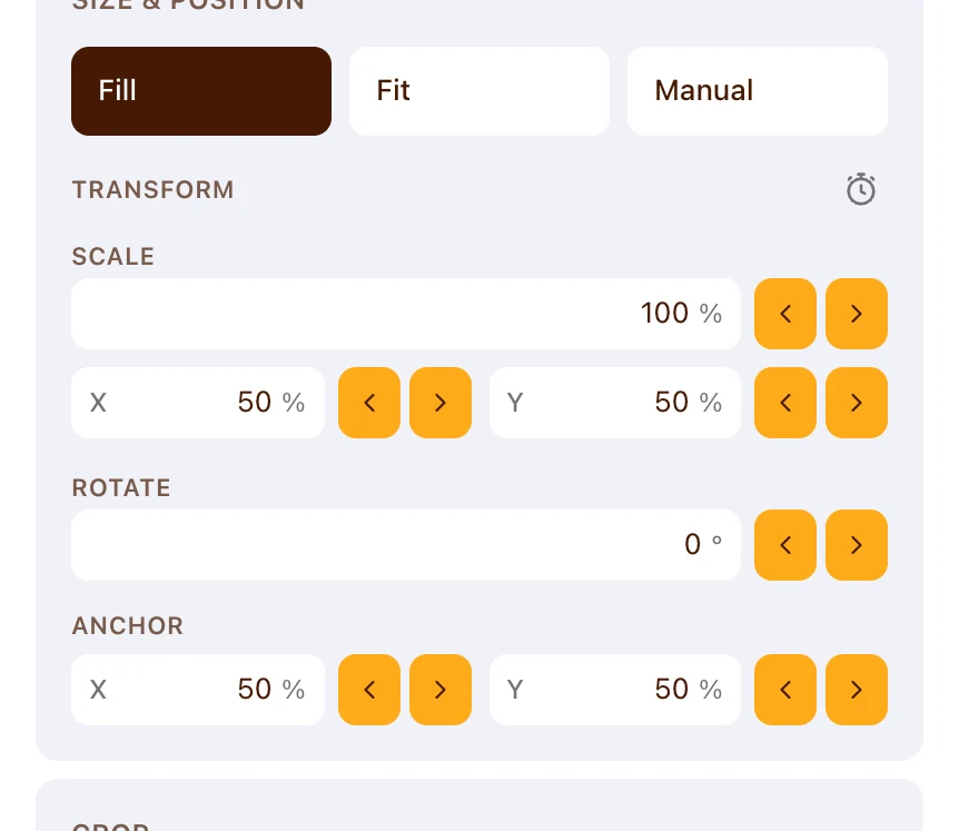 A footage clip selected in the Editing Suite, showing Fill, Fit and Manual framing, then scale, position, rotation, anchor and crop.