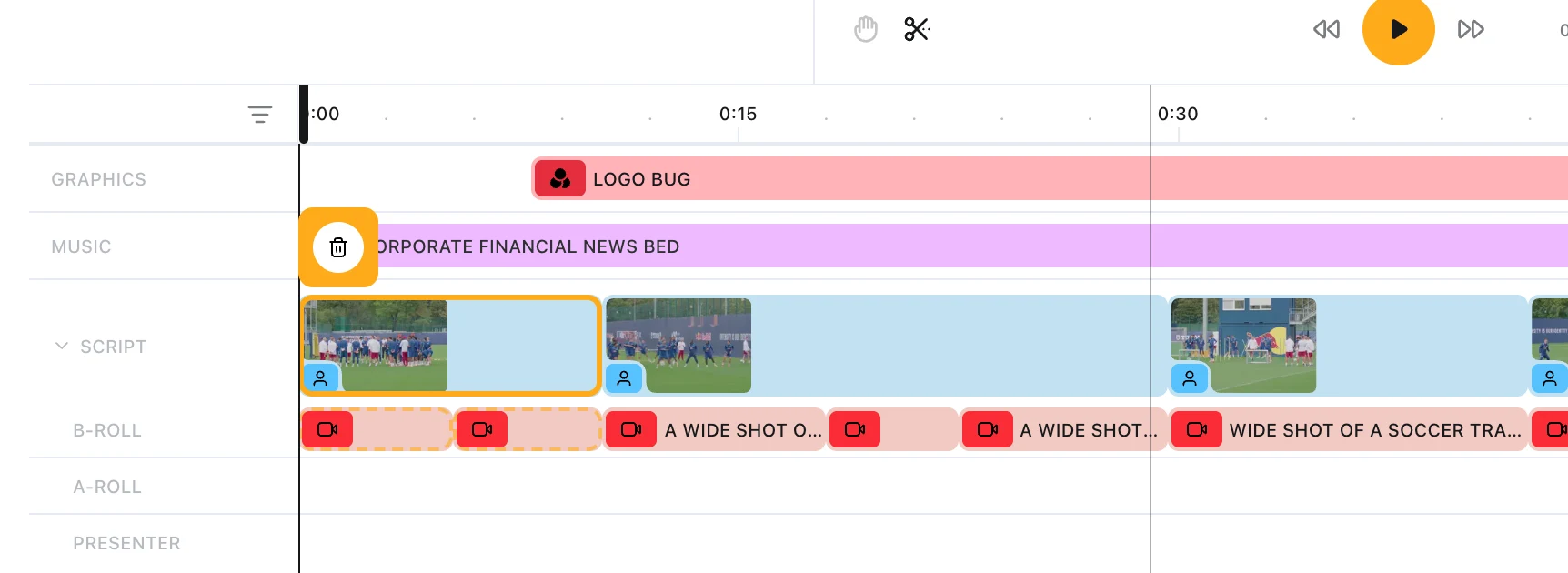 The Editing Suite timeline with a clip selected on the script track: it carries an orange outline and a delete control, and the properties panel has opened for it.
