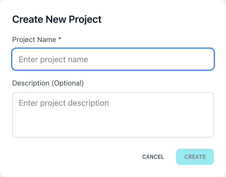 The Create New Project dialog, with a required project name field, an optional description, and Cancel and Create buttons.