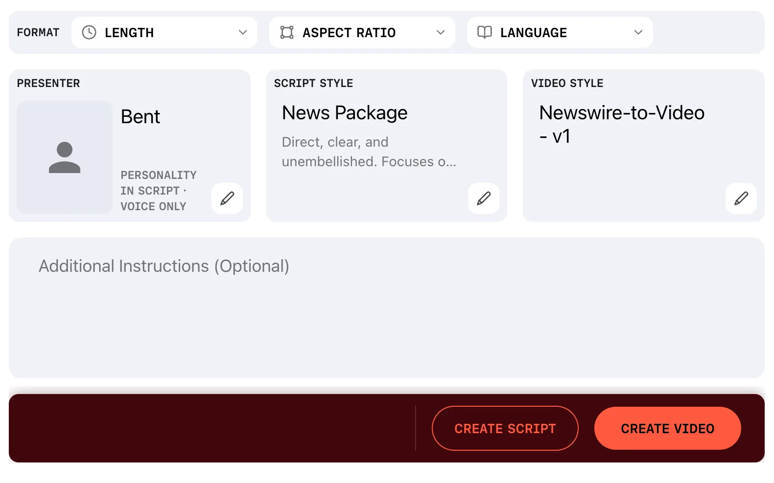A complete brief on the Assignment Desk: Bent as the presenter, News Package as the script style and Newswire-to-Video - v1 as the video style, with the Create script and Create video buttons enabled in the action bar.