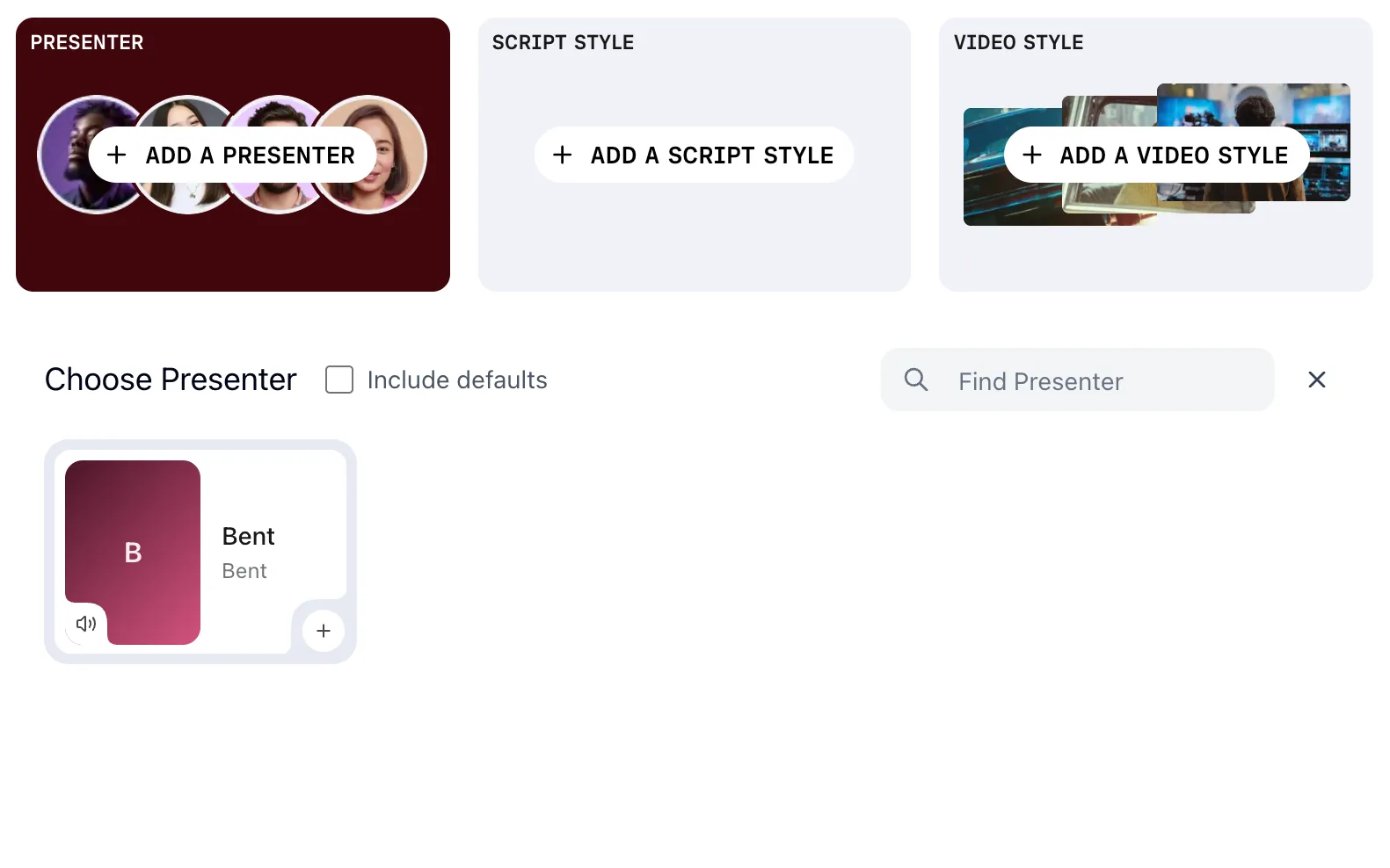 The Choose Presenter picker open below the brief, with an Include defaults checkbox, a Find Presenter search and one presenter card, Bent, carrying a speaker icon to hear the voice and a plus to choose it.