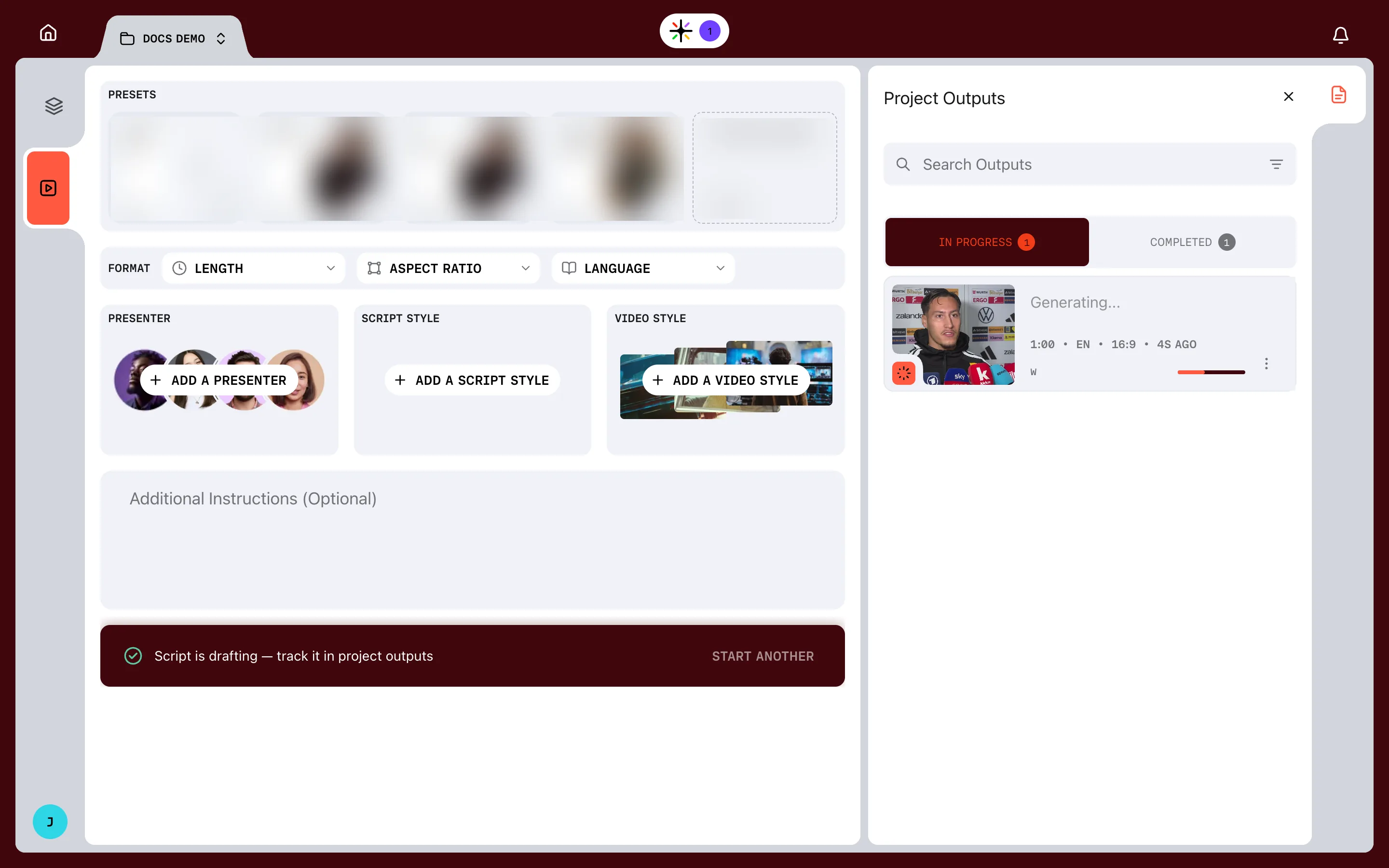 The Assignment Desk just after Create script: the action bar reads Script is drafting, track it in project outputs, with Start another beside it, and the new output sits under In progress in Project Outputs, marked Generating. Preset names are blurred.