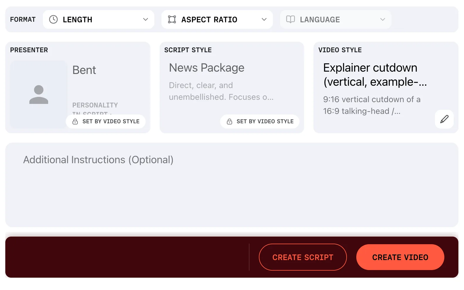 The brief with a vertical cutdown video style chosen: the presenter and script style cards are greyed out, each carrying a padlock and the badge Set by video style, while both create buttons stay available.