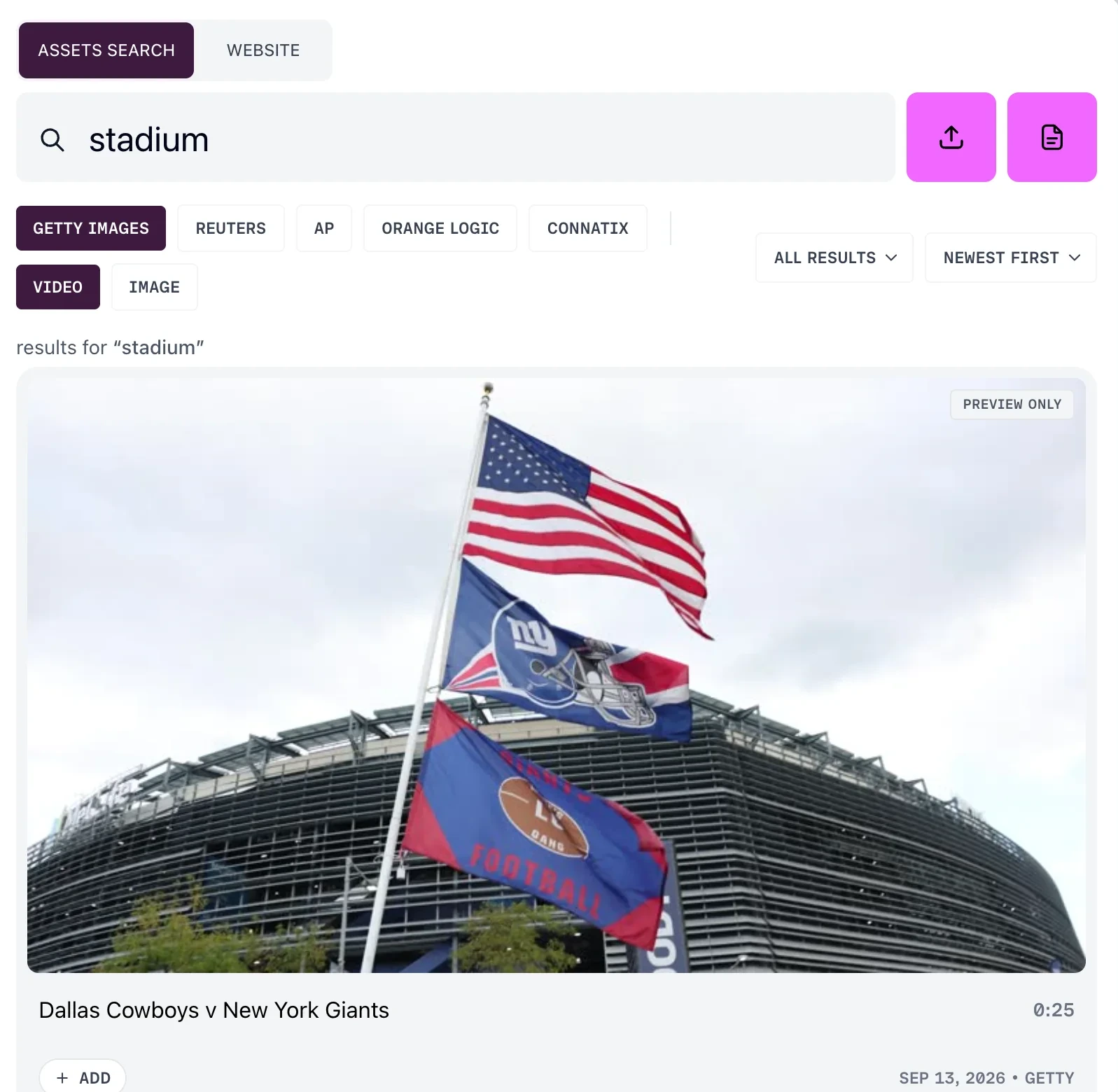 Getty results in a project search: the GETTY IMAGES provider selected, a VIDEO and IMAGE toggle beneath it, an ALL RESULTS premium filter and a NEWEST FIRST sort, and a result carrying a PREVIEW ONLY badge with its title, duration, date, provider and a + ADD control.