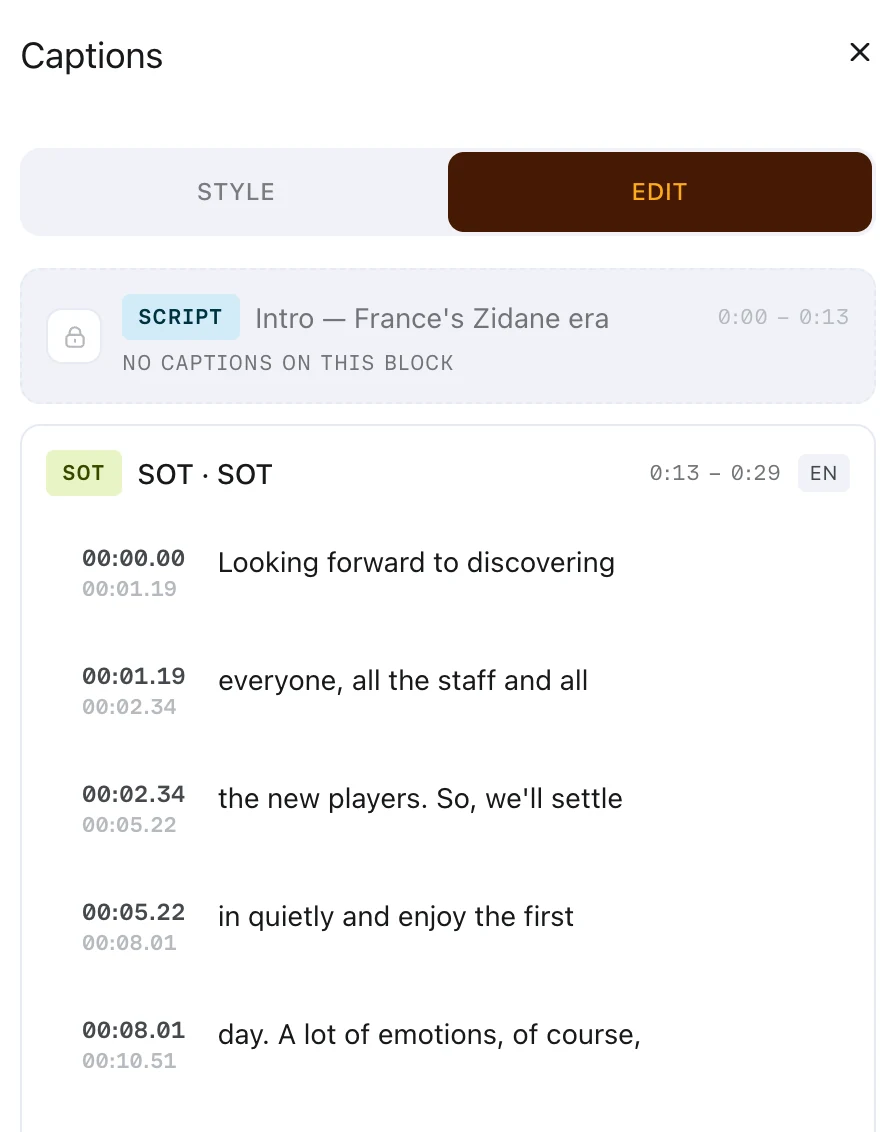 The Captions panel on its Edit tab: a script block marked No captions on this block, and a soundbite's English caption lines, each with a start and end time.