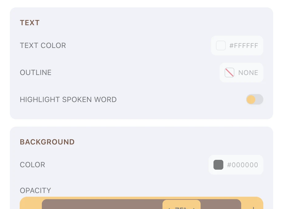 The style half of the Captions panel: text colour, outline and highlight-spoken-word, then the caption background's colour and opacity.
