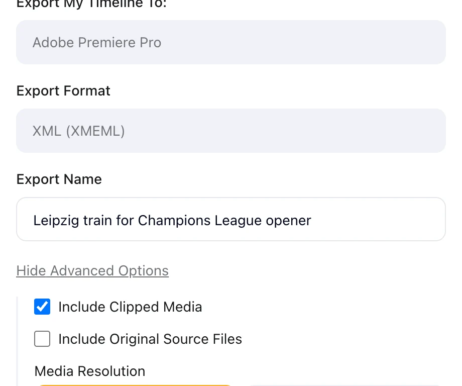 The Export Timeline panel with advanced options open: the destination, the format, the export name, and the settings for clipped media, source files, media resolution, portrait reframe and frame rate.