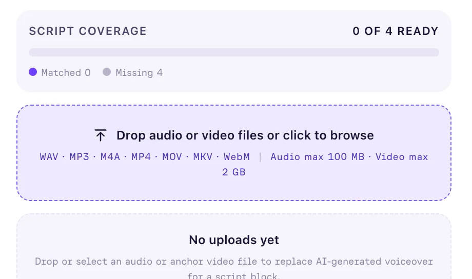 The Presenter uploads panel, showing script coverage, the accepted audio and video formats, and the drop target for recorded narration.