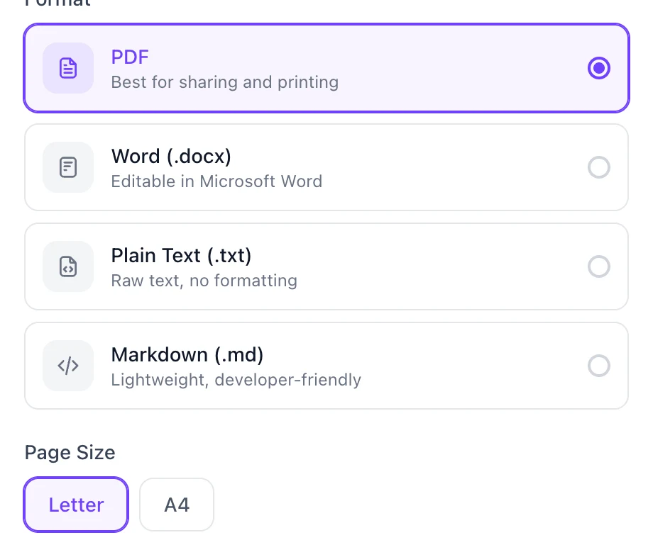 The Export Script panel, offering PDF, Word, Plain Text and Markdown, a page size for PDF, and a filename.