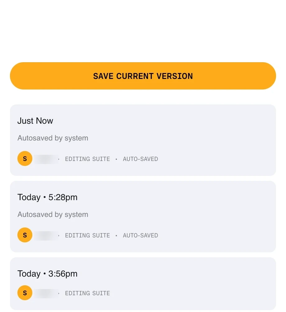 The Version History panel, with Save current version above a list of saved and autosaved points.
