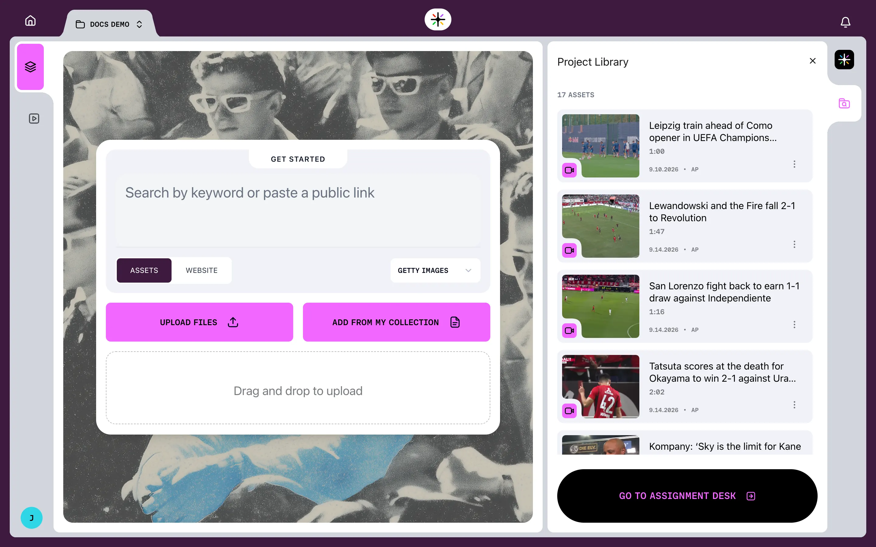 A project showing the Get started panel - search, an Assets and Website tab, Upload files and Add from my collection - beside the Project Library listing the media available to this project.