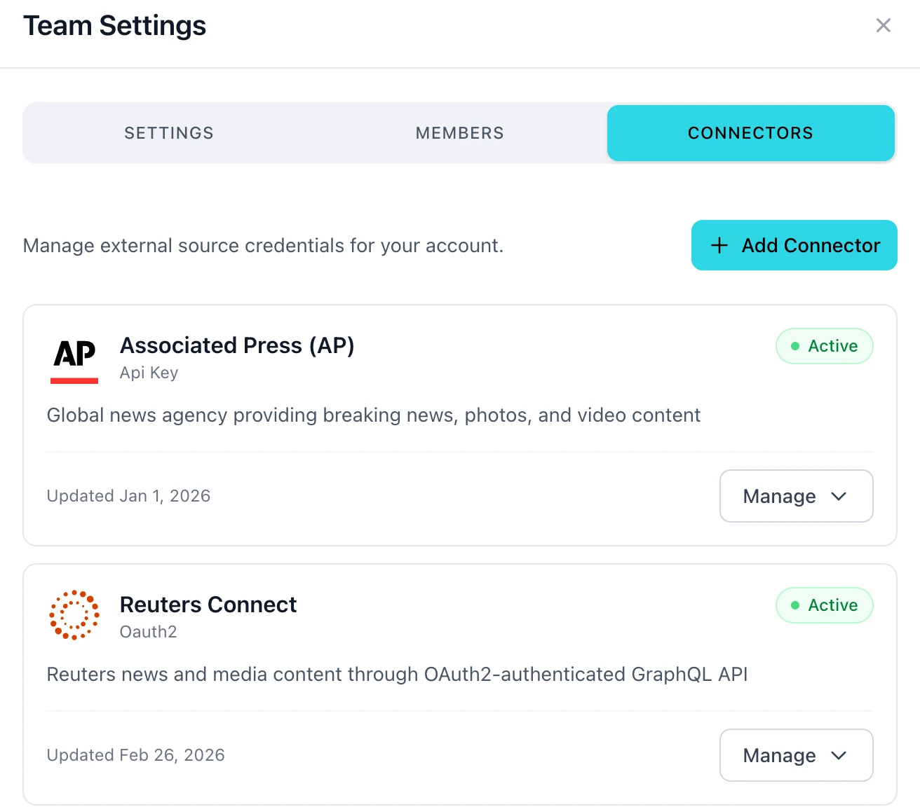 Team Settings on its Connectors tab: Settings, Members and Connectors tabs, Add Connector, and the Associated Press and Reuters Connect connectors, each marked Active with a Manage menu.