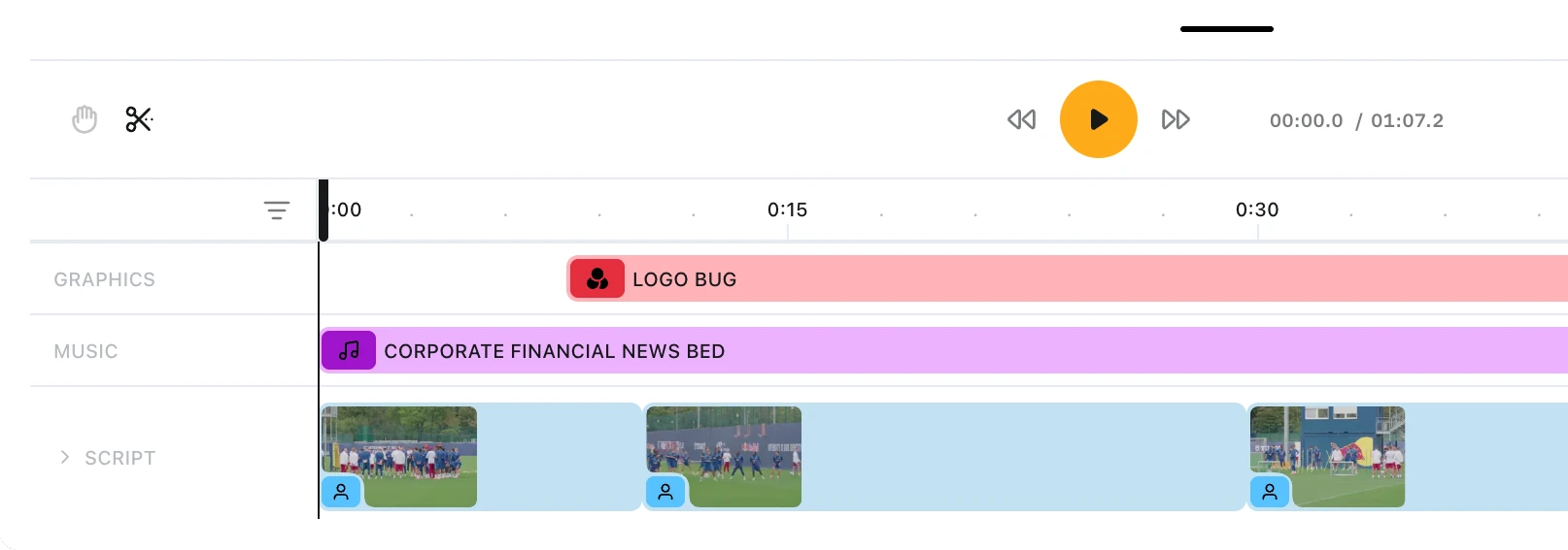 The Editing Suite timeline, showing the graphics, music and script tracks against a ruler, with the transport controls above.