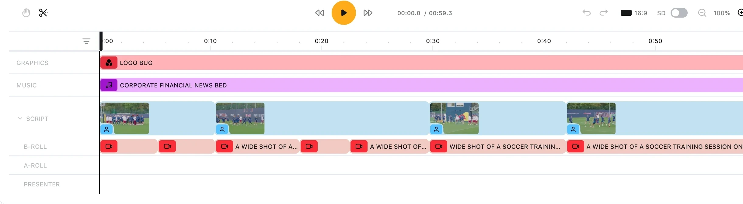 The Editing Suite timeline with a script block expanded, showing its B-roll, A-roll and presenter tracks beneath the block, alongside the standalone graphics and music tracks.