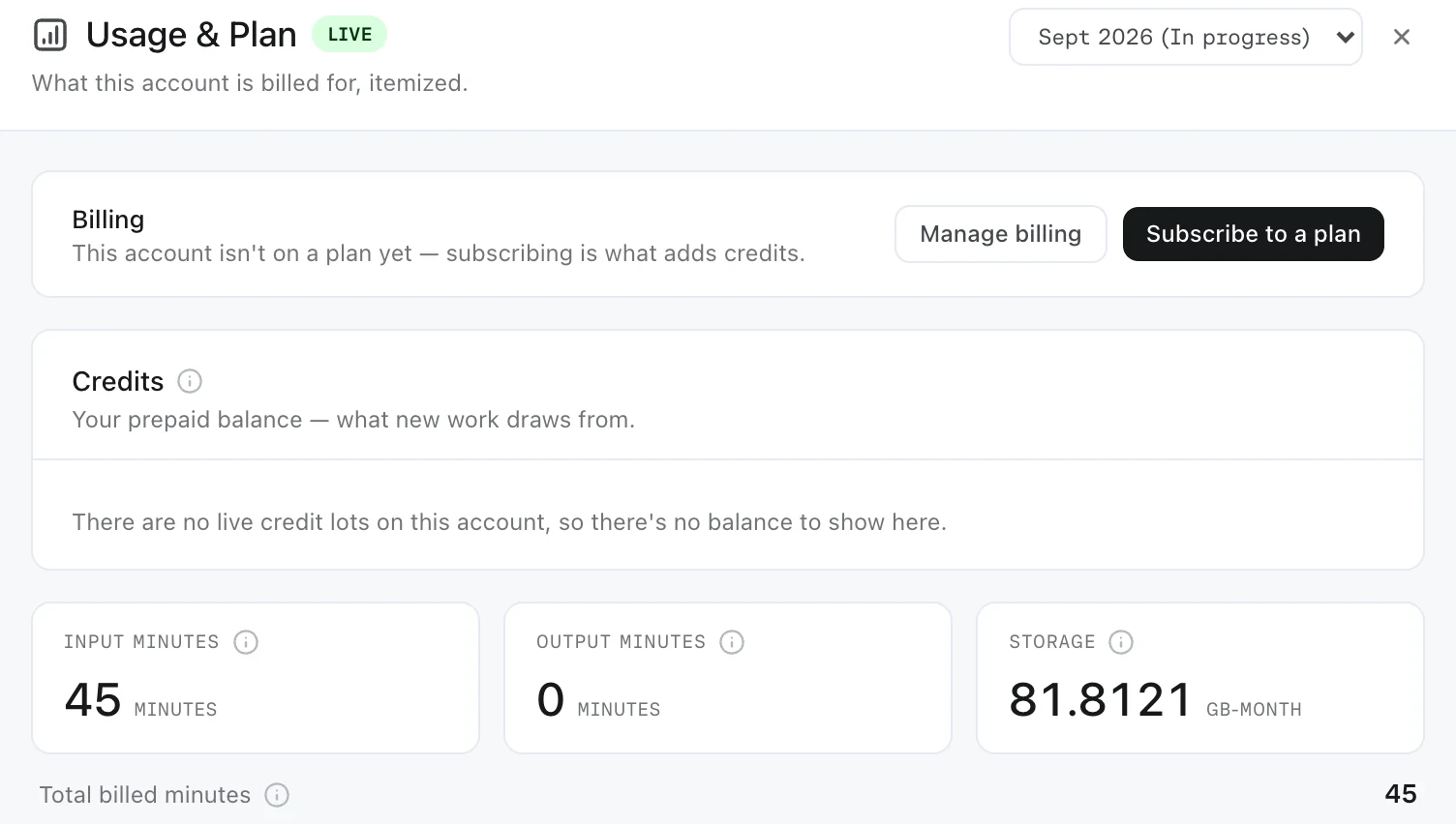 Usage & Plan for the current month: a billing card with Manage billing and Subscribe to a plan, the credits card, and meters for input minutes, output minutes and storage.